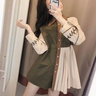Long-sleeve Color Block Pleated Panel Shirt