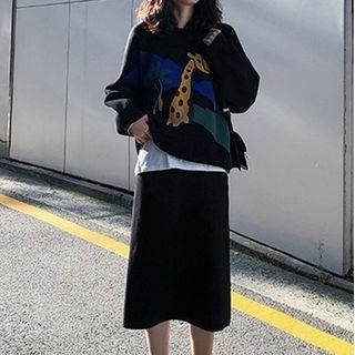 Cartoon Sweater / Midi A-line Skirt / Set