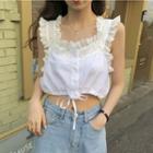 Ruffled Wide Strap Drawstring Cropped Blouse
