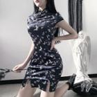 Cap-sleeve Butterfly Printed Mini Bodycon Qipao Dress