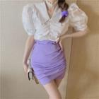 Ruched Puff-sleeve Top / Plain High-waist Skirt
