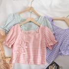 Square Collar Frog-button Plaid Top