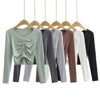 Long-sleeve V-neck Crinkled Plain Crop Top