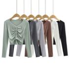 Long-sleeve V-neck Crinkled Plain Crop Top