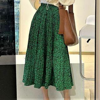Leopard Print Midi A-line Skirt Green - One Size