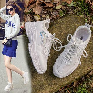 Faux Leather Lace-up Mesh Panel Platform Sneakers