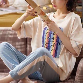 Loungewear Set : Short-sleeve Cartoon Print Top + Pants