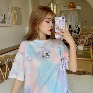 Short-sleeve Cartoon Embroidered Tie-dyed T-shirt