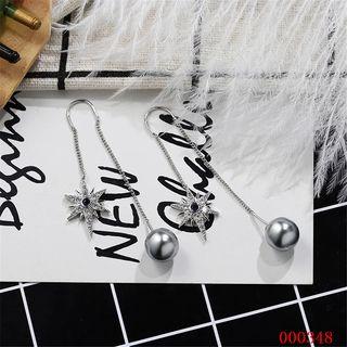 Faux Pearl Rhinestone Star Fringed Earring 1 Pair - 925 Silver Stud - Blue Rhinestone & Gray Bead - Silver - One Size