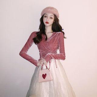 Drawstring Velvet Long-sleeve Top / Mesh Midi A-line Skirt