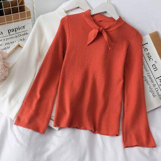 Ribbon-neckline Plain Knit Top