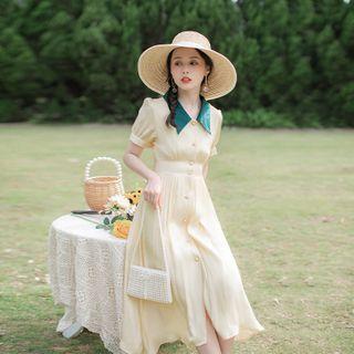 Collared V-neck Short-sleeve Midi A-line Dress