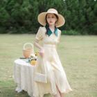 Collared V-neck Short-sleeve Midi A-line Dress