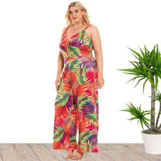 Plus Size Sleeveless V Neck Leaf Print Wide Leg Jumpsuit