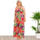 Plus Size Sleeveless V Neck Leaf Print Wide Leg Jumpsuit