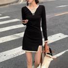 Long-sleeve Lace-up Slit Knit Mini Sheath Dress Black - One Size