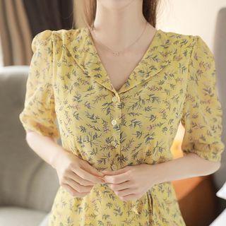 Open-placket Floral Chiffon Dress