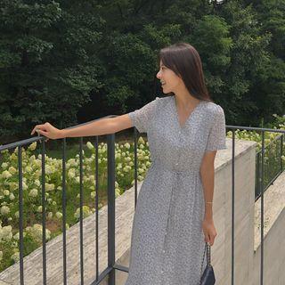 Buttoned Floral Chiffon Dress Gray - One Size