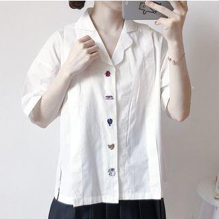 Embroidered Elbow-sleeve Shirt / Pleated Mini Skirt