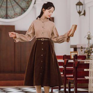 Set: Frill Trim Shirt + Button-front Skirt