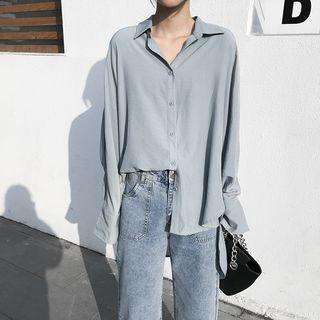 Loose-fit Plain Light Shirt Grayish Blue - One Size