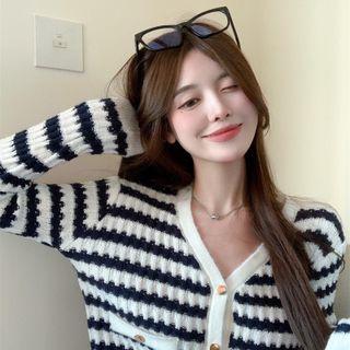 V-neck Striped Cardigan Stripes - Black & White - One Size