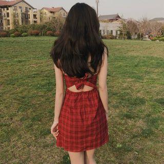 Spaghetti-strap Plaid Mini Sheath Dress
