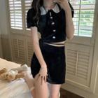 Short-sleeve Contrast Collar Cropped Blouse / Mini Pencil Skirt