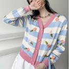 Floral Embroidered Striped Cardigan Pink & Blue & White - One Size