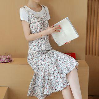 Floral Print Ruffle Hem Strappy Chiffon Dress