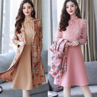 Set: Stand Collar Panel A-line Dress + Floral Print Open-front Coat