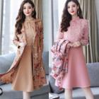 Set: Stand Collar Panel A-line Dress + Floral Print Open-front Coat