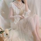 Set: Mesh Long-sleeve Midi A-line Dress + Slipdress Light Almond - One Size