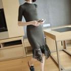 Lace Panel Elbow-sleeve Knit Dress