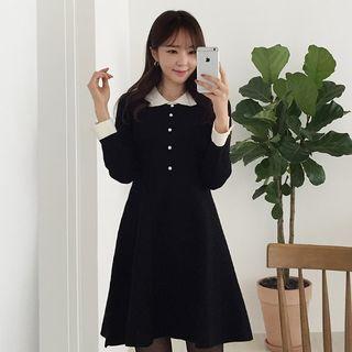 Scallop-collar Faux-pearl Trim A-line Knit Dress