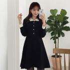 Scallop-collar Faux-pearl Trim A-line Knit Dress