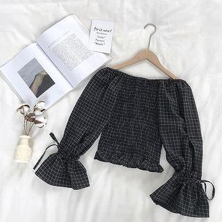 Plaid Off-shoulder Flare-sleeve Lace-up Top