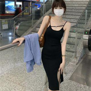 Spaghetti-strap Slit Sheath Dress Black - One Size