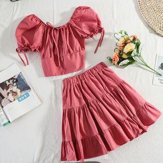 Set: Bow Detail Short-sleeve Blouse + A-line Skirt