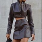 Set: Faux Leather Crop Jacket + A-line Skirt