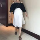 Off-shoulder Long-sleeve Blouse / A-line Midi Skirt