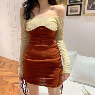 Long-sleeve Two Tone Midi Sheath Dress