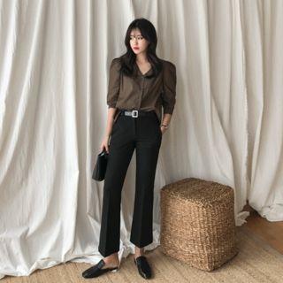 Puff-sleeve French-front Blouse