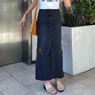 High-waist Butterfly Embroidered Denim Maxi Skirt