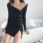 Long-sleeve Buttoned Knit Sheath Mini Dress