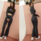 Set: Crew-neck Letter Embroidered Top + Boot-cut Pants