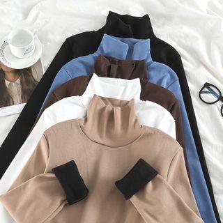 Plain Fleece-lined Turtle-neck Long-sleeve Top