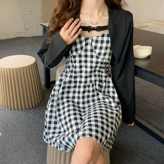 Set: Long-sleeve Shrug + Spaghetti Strap Plaid Dress