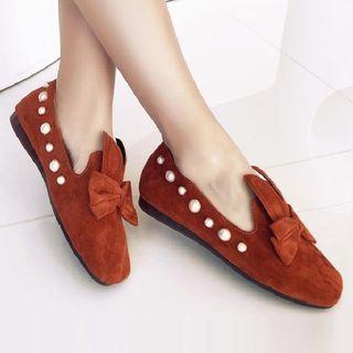 Faux Suede Rabbit Accent Beaded Loafers