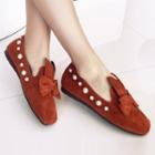 Faux Suede Rabbit Accent Beaded Loafers